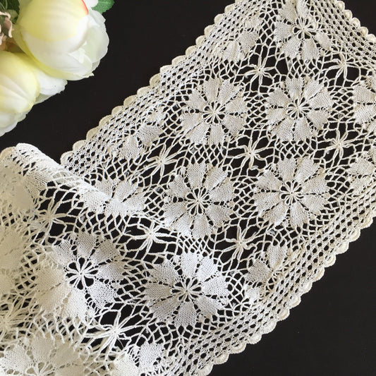 White Cotton Knitted Lace Table Runner | Handmade Vintage