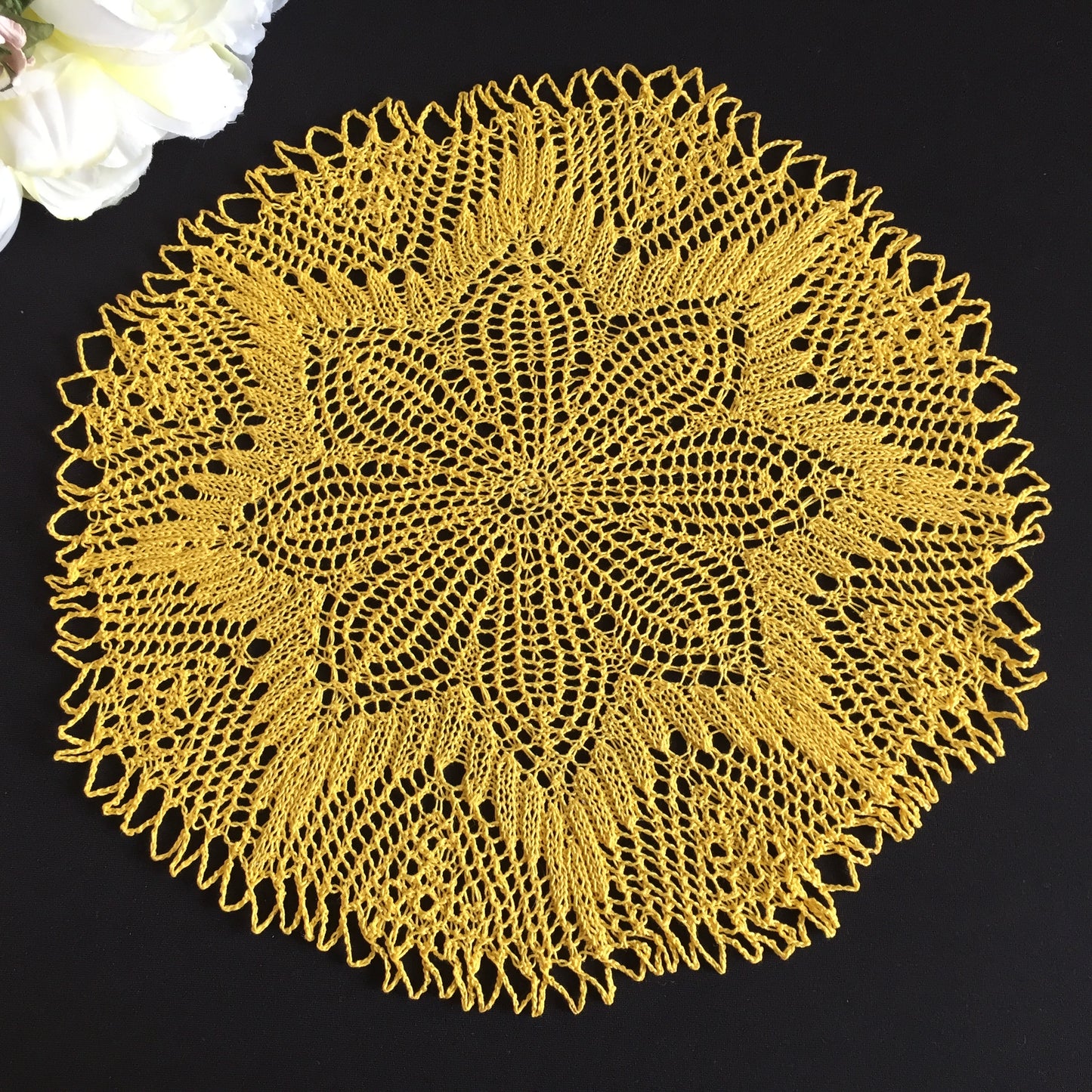 Hand-Knitted Orange & Yellow Cotton Lace Round Mid Century Vintage Doily