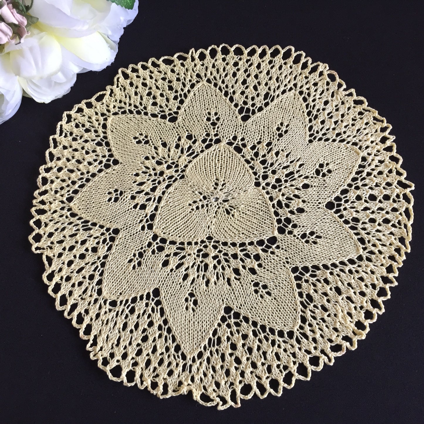 Hand-Knitted Orange & Yellow Cotton Lace Round Mid Century Vintage Doily