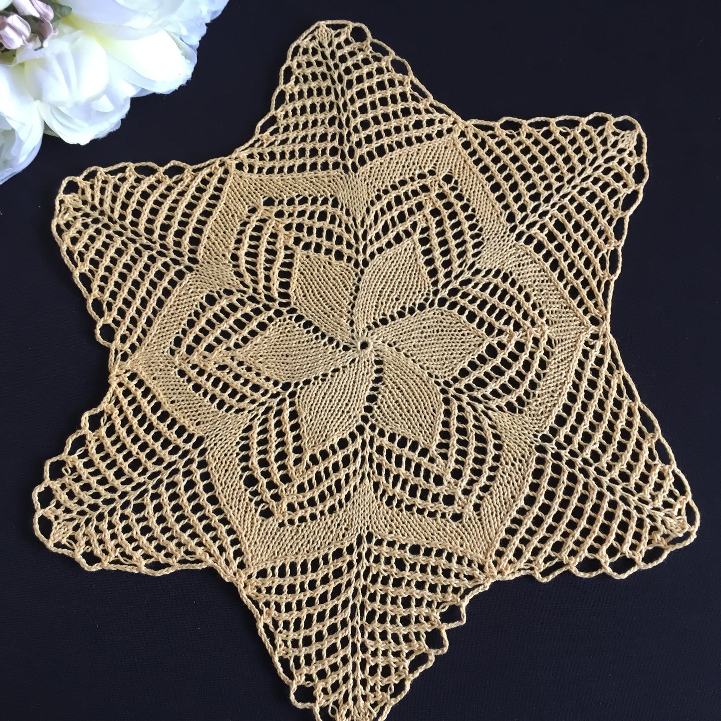 Hand-Knitted Orange & Yellow Cotton Lace Round Mid Century Vintage Doily
