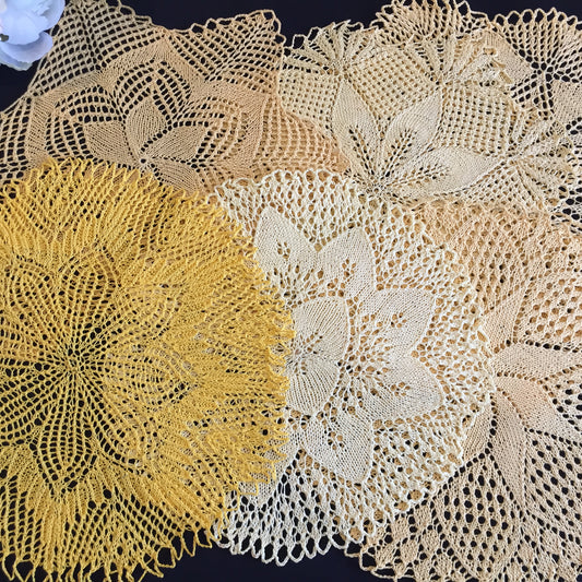 Hand-Knitted Orange & Yellow Cotton Lace Round Mid Century Vintage Doily