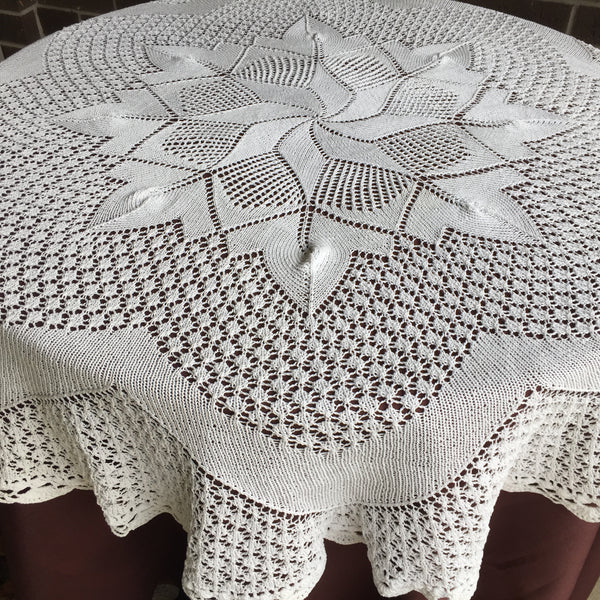 Round Vintage Hand Knitted and Crocheted Lace Cotton Tablecloth