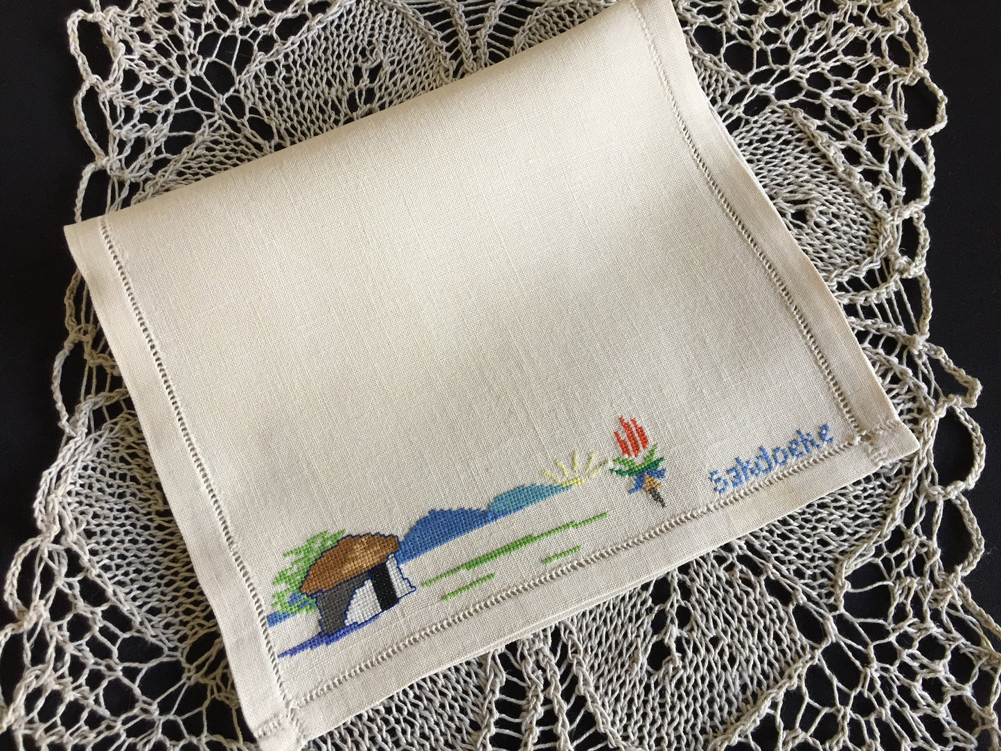 Embroidered Vintage Handkerchief Pouch Afrikaans "Sakdoeke" Cross Stitch