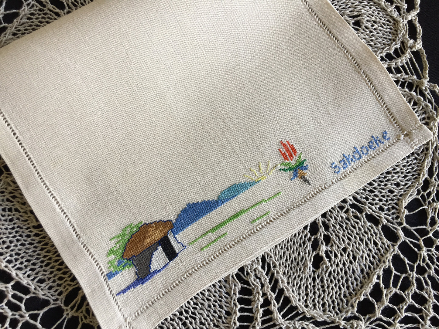 Embroidered Vintage Handkerchief Pouch Afrikaans "Sakdoeke" Cross Stitch