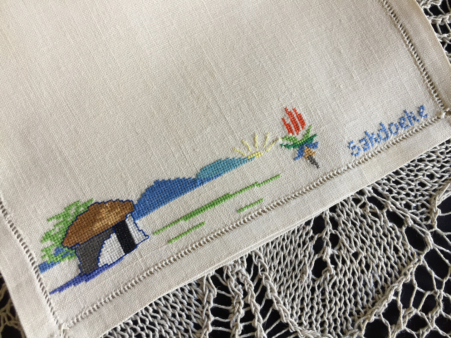 Embroidered Vintage Handkerchief Pouch Afrikaans "Sakdoeke" Cross Stitch