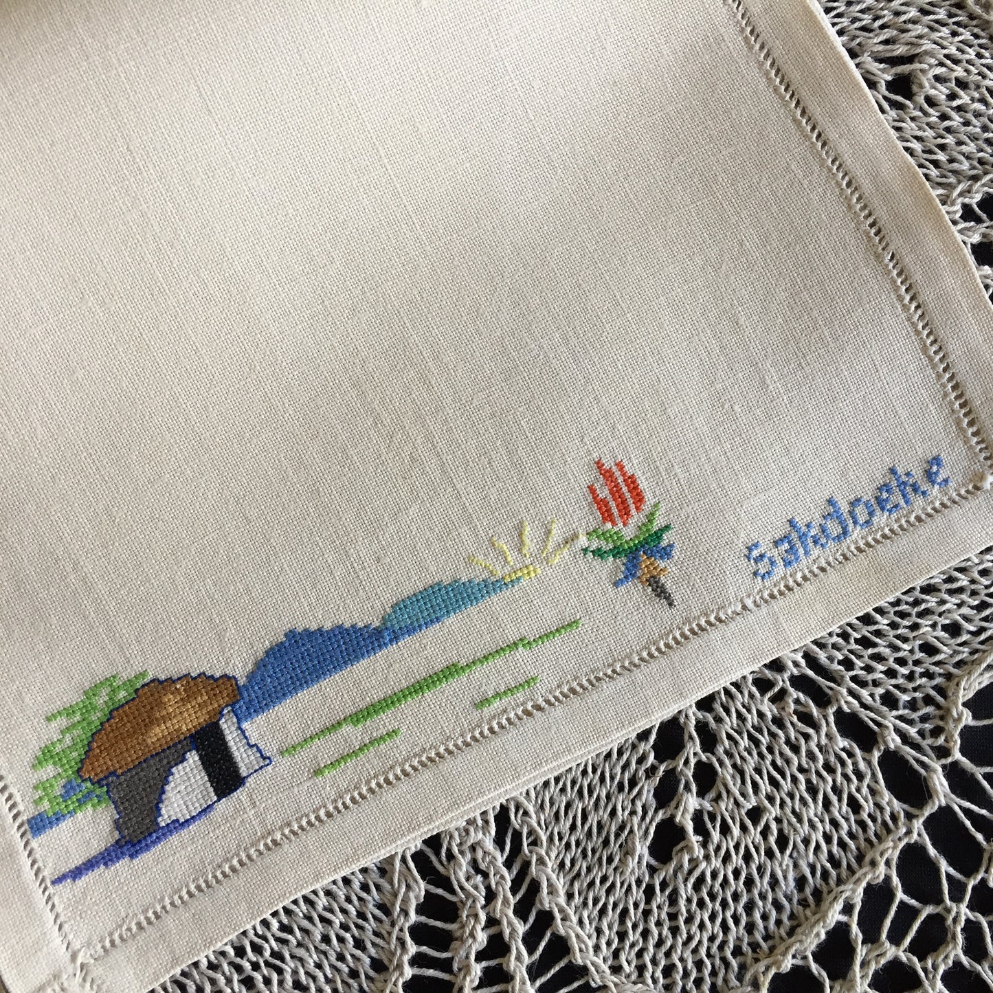 Embroidered Vintage Handkerchief Pouch Afrikaans "Sakdoeke" Cross Stitch