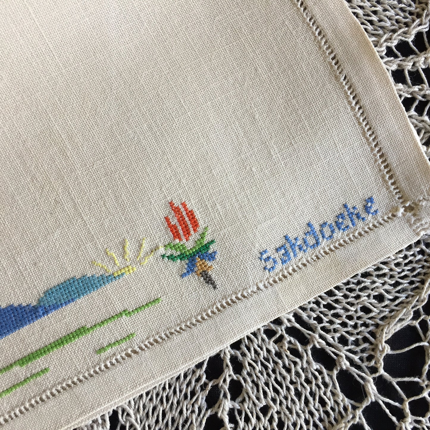Embroidered Vintage Handkerchief Pouch Afrikaans "Sakdoeke" Cross Stitch