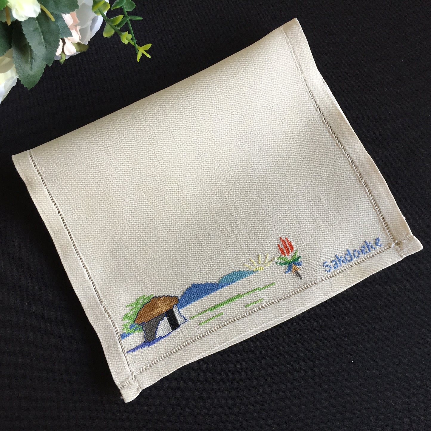 Embroidered Vintage Handkerchief Pouch Afrikaans "Sakdoeke" Cross Stitch