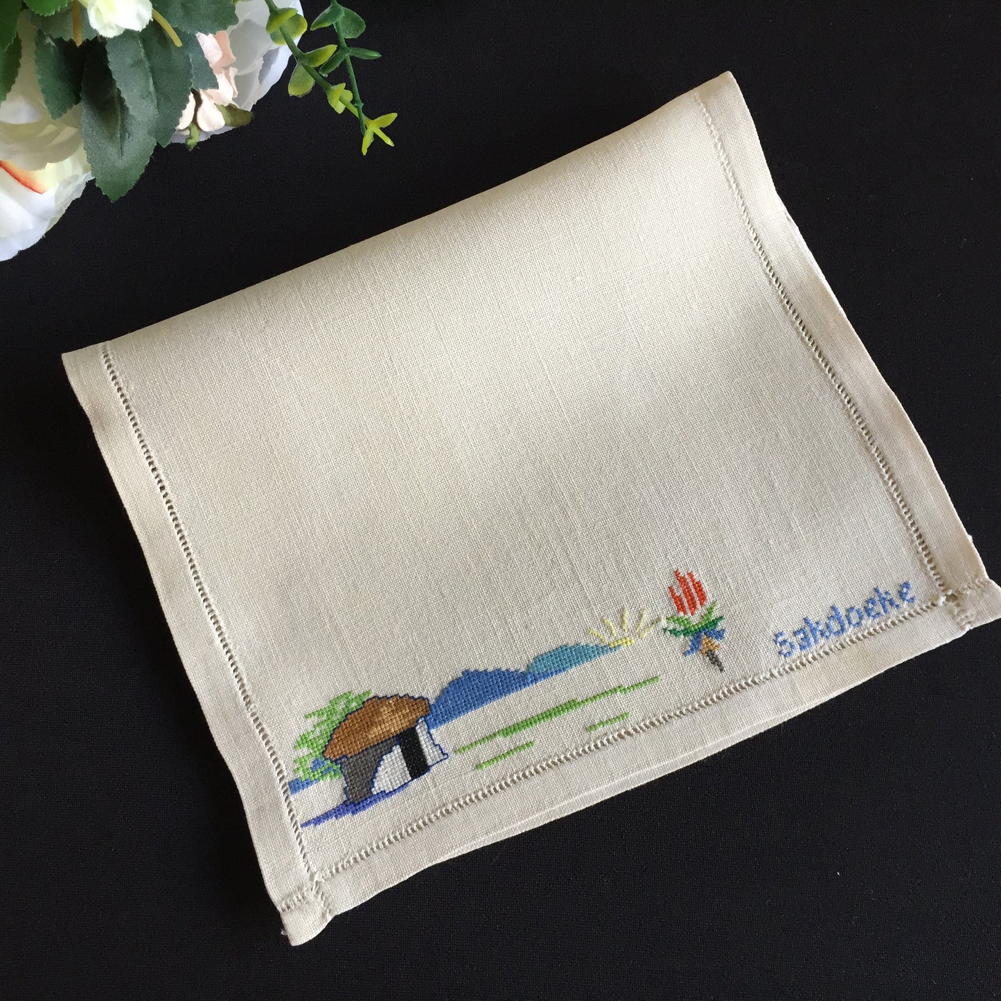 Embroidered Vintage Handkerchief Pouch Afrikaans "Sakdoeke" Cross Stitch