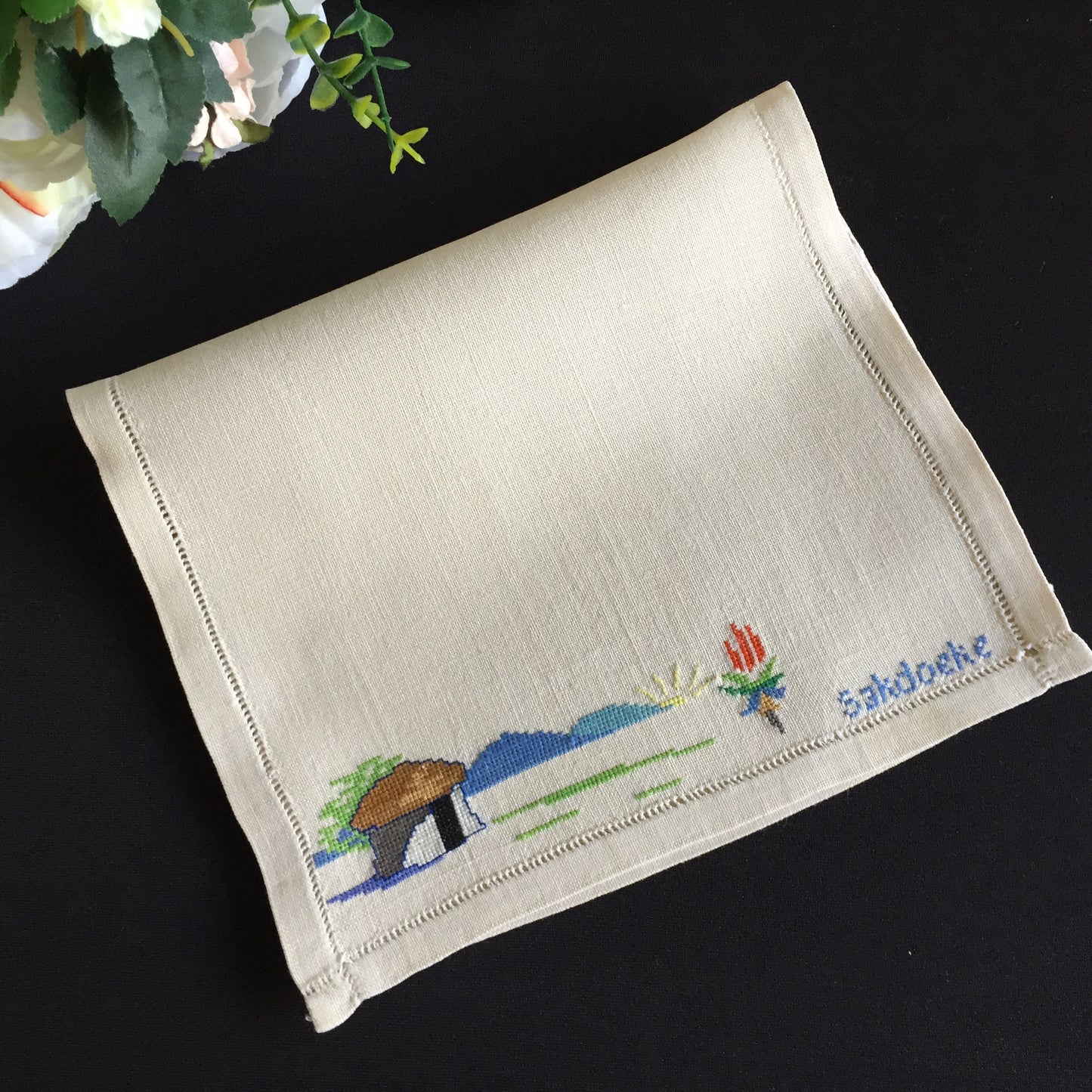 Embroidered Vintage Handkerchief Pouch Afrikaans "Sakdoeke" Cross Stitch