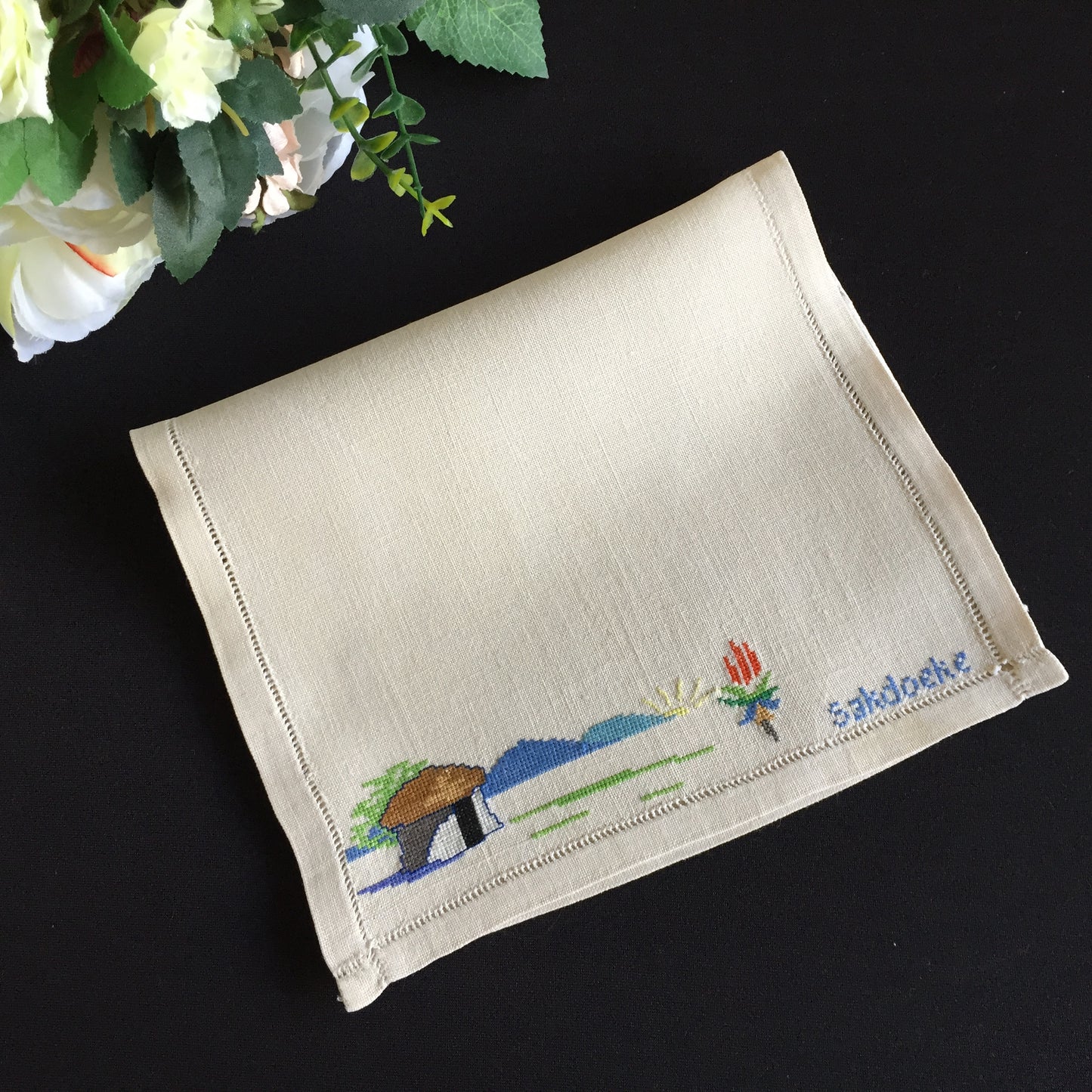 Embroidered Vintage Handkerchief Pouch Afrikaans "Sakdoeke" Cross Stitch