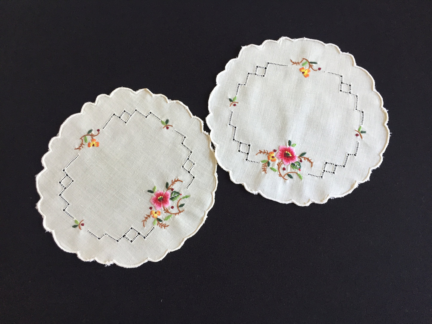 Embroidered Floral Doily Pair with Pink Rose & Openwork 1980s Vintage