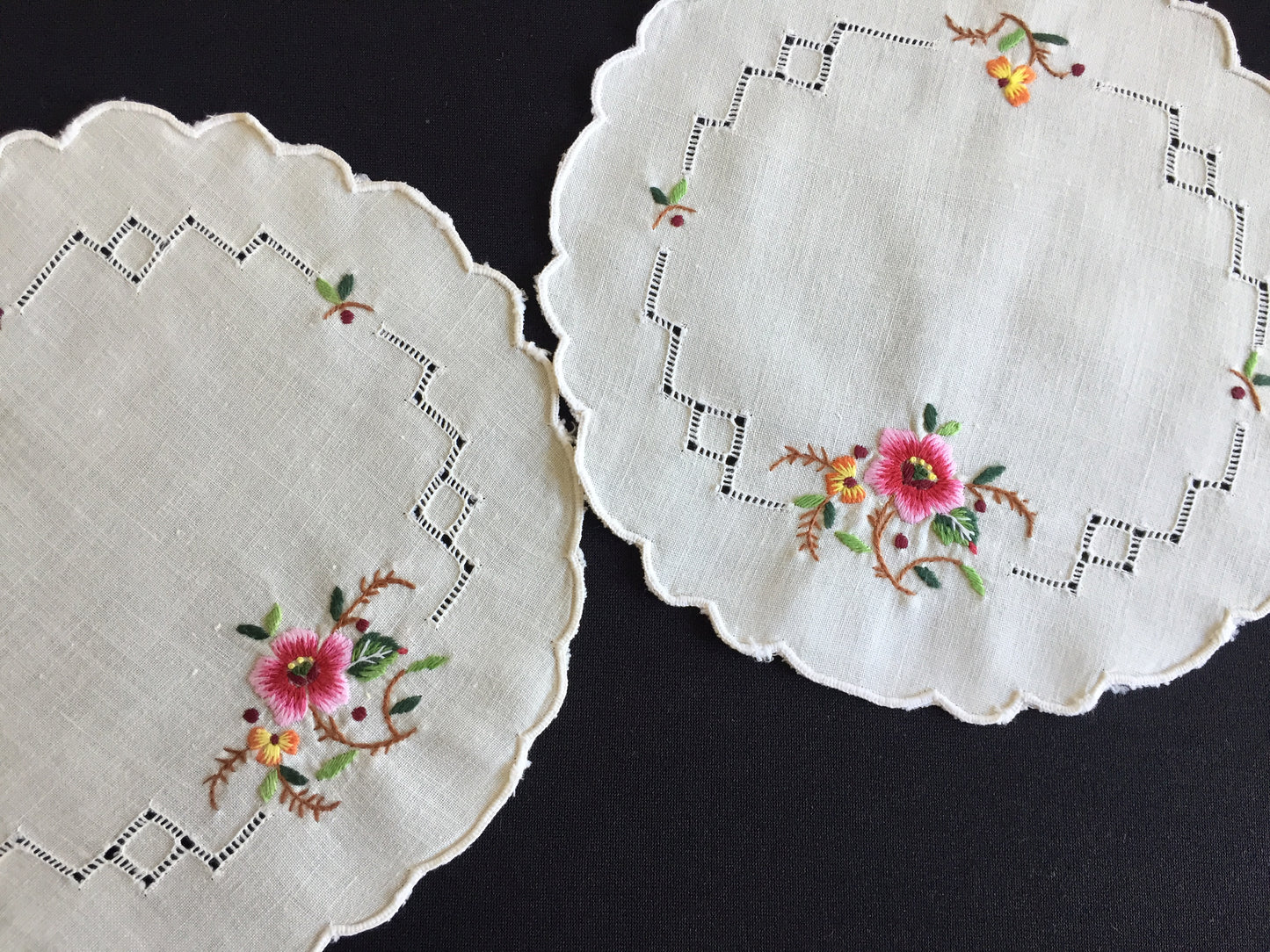 Embroidered Floral Doily Pair with Pink Rose & Openwork 1980s Vintage
