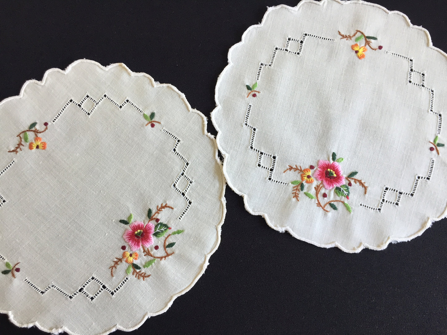 Embroidered Floral Doily Pair with Pink Rose & Openwork 1980s Vintage