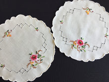 Load image into Gallery viewer, Embroidered Floral Doily Pair with Pink Rose &amp; Openwork 1980s Vintage