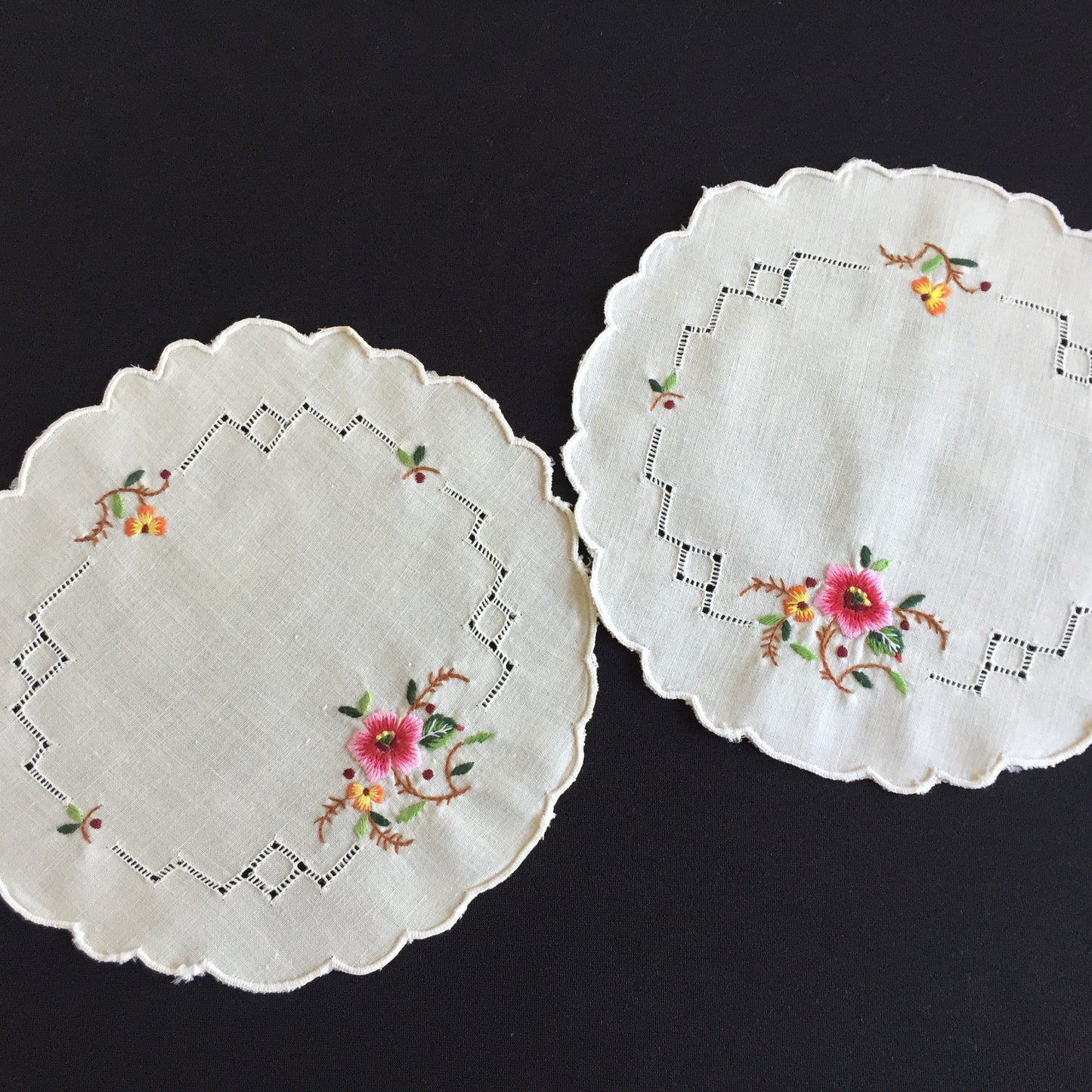 Embroidered Floral Doily Pair with Pink Rose & Openwork 1980s Vintage