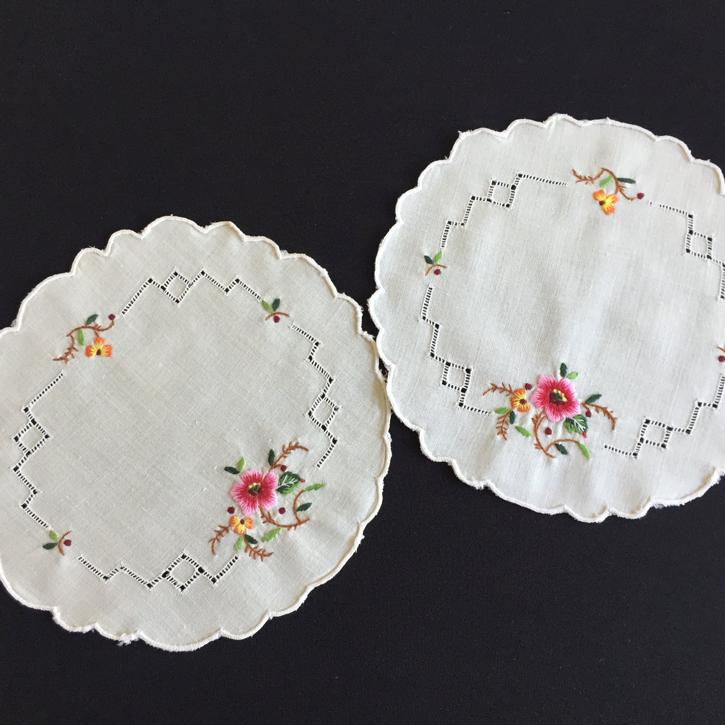 Embroidered Floral Doily Pair with Pink Rose & Openwork 1980s Vintage
