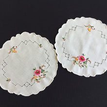 Load image into Gallery viewer, Embroidered Floral Doily Pair with Pink Rose &amp; Openwork 1980s Vintage