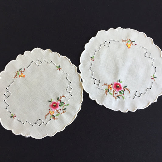 Embroidered Floral Doily Pair with Pink Rose & Openwork 1980s Vintage
