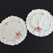 Load image into Gallery viewer, Embroidered Floral Doily Pair with Pink Rose &amp; Openwork 1980s Vintage