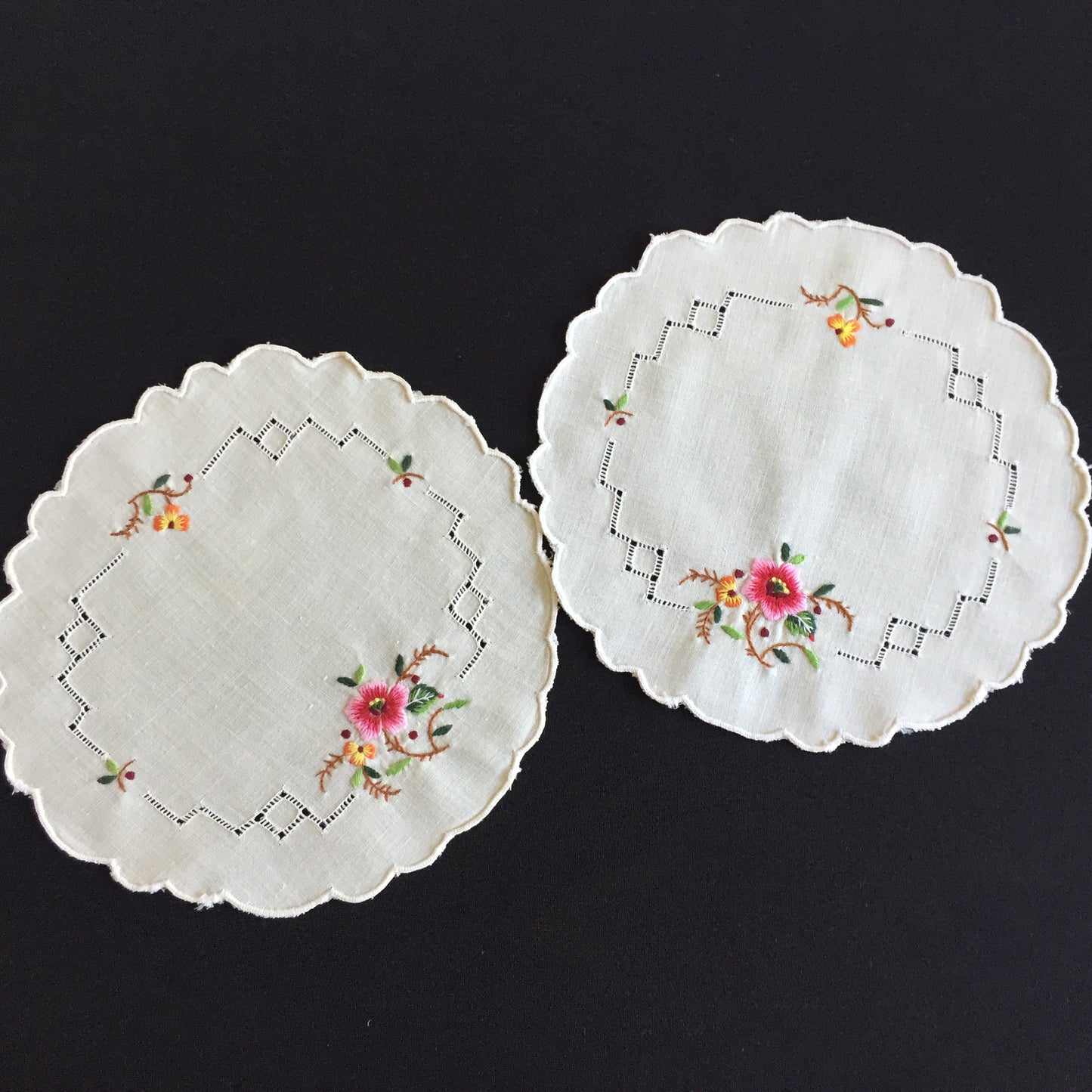 Embroidered Floral Doily Pair with Pink Rose & Openwork 1980s Vintage