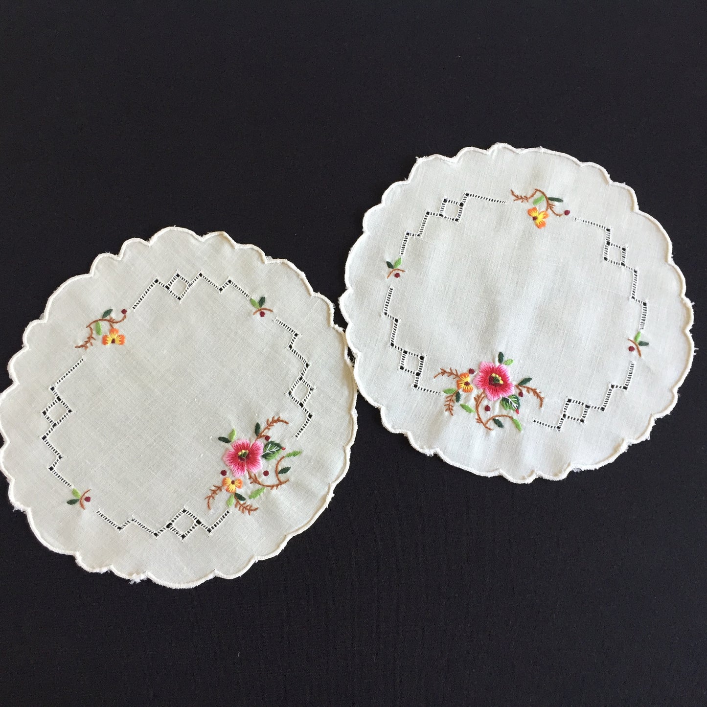 Embroidered Floral Doily Pair with Pink Rose & Openwork 1980s Vintage