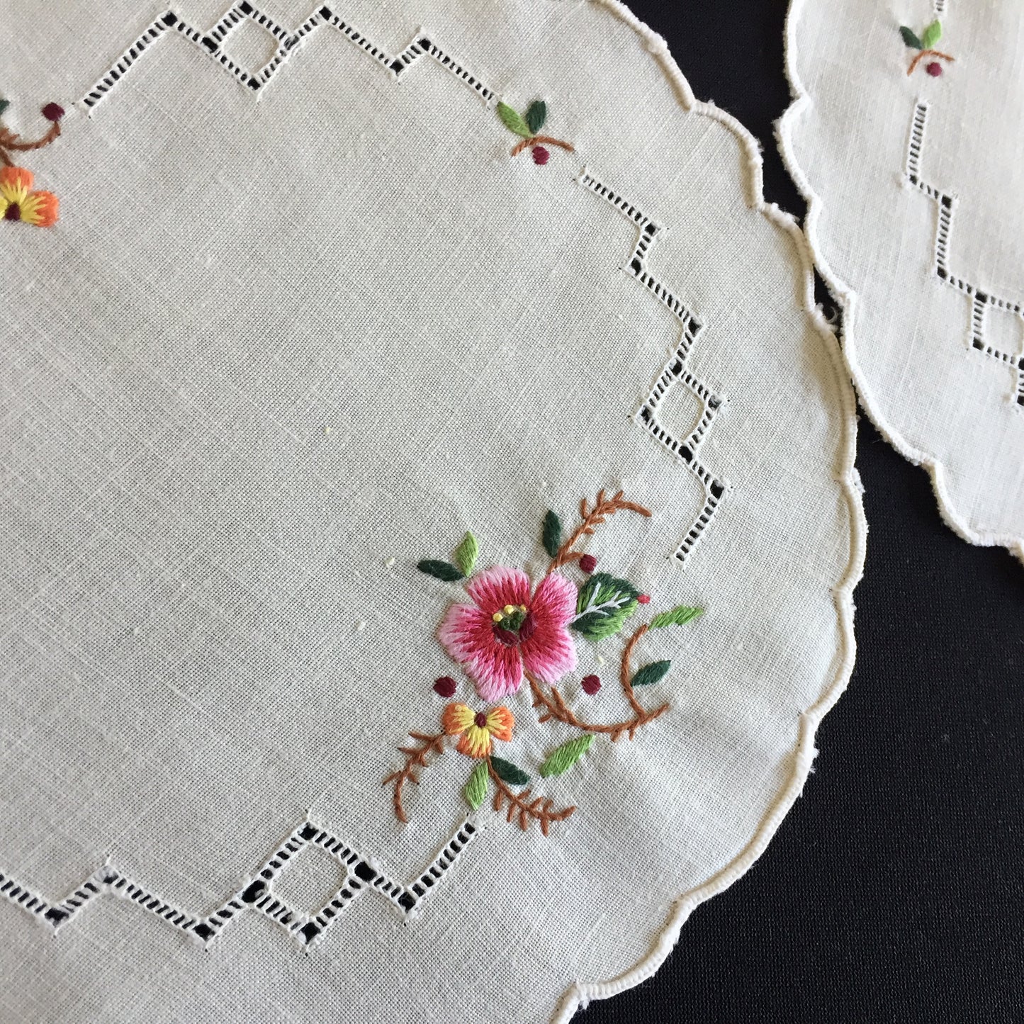 Embroidered Floral Doily Pair with Pink Rose & Openwork 1980s Vintage