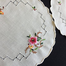 Load image into Gallery viewer, Embroidered Floral Doily Pair with Pink Rose &amp; Openwork 1980s Vintage
