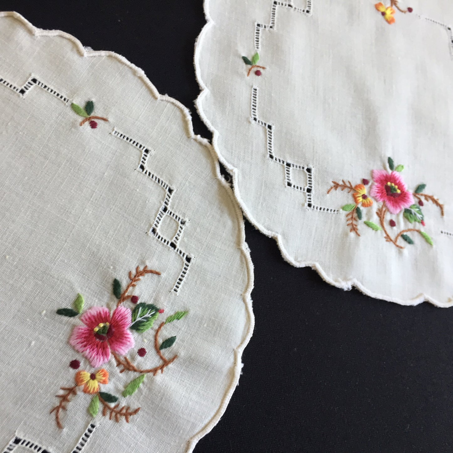 Embroidered Floral Doily Pair with Pink Rose & Openwork 1980s Vintage