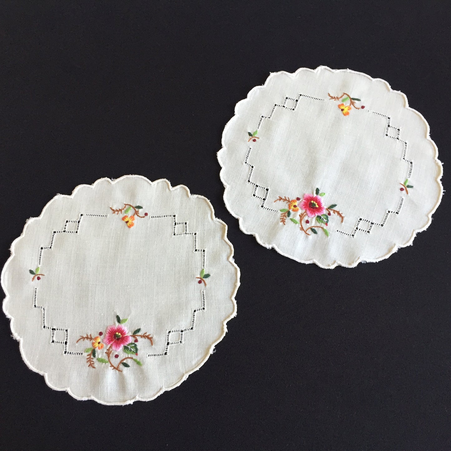 Embroidered Floral Doily Pair with Pink Rose & Openwork 1980s Vintage