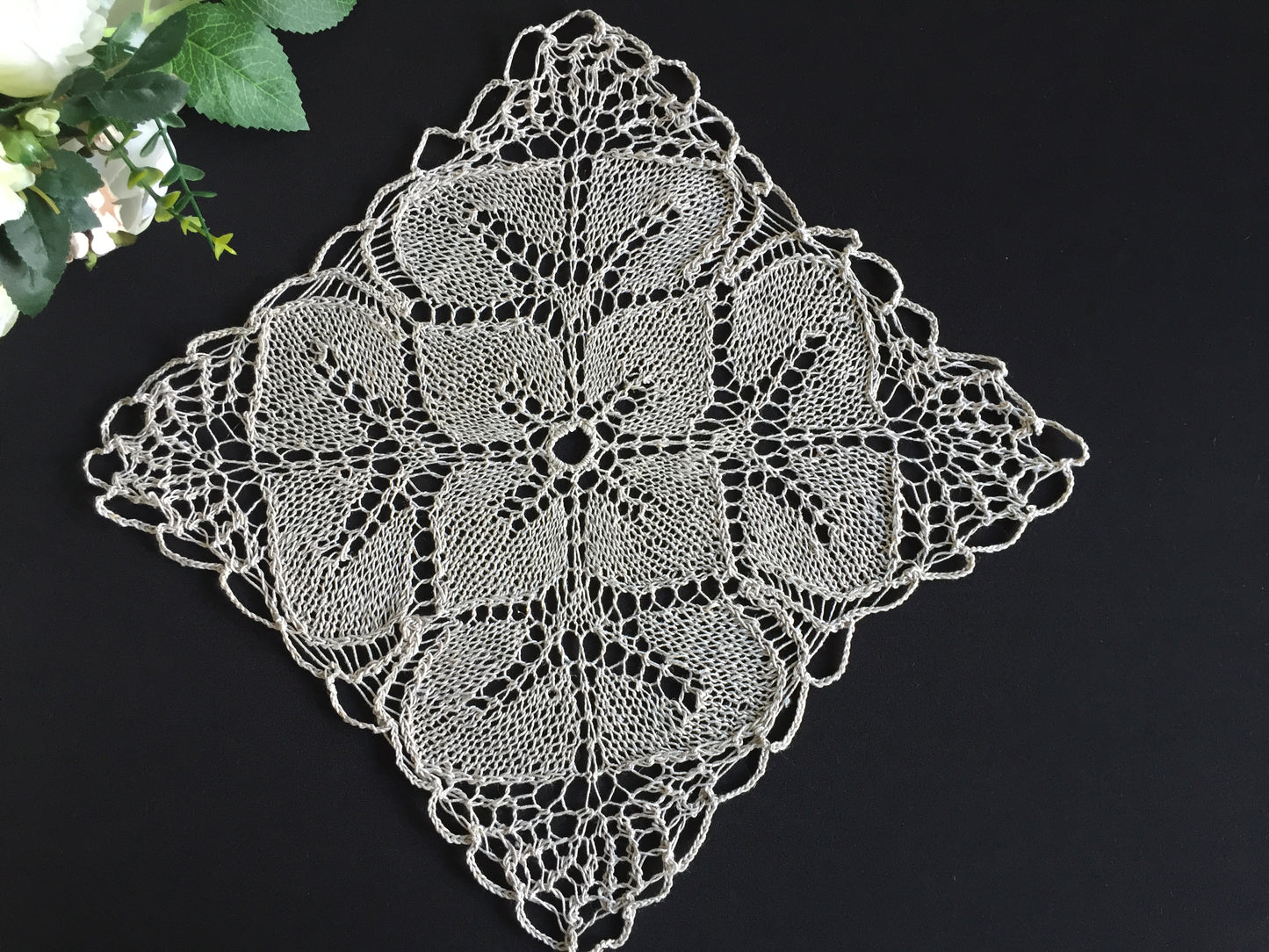 Knitted Shetland Lace Dark Ecru/Taupe Cotton Doily 11" | Vintage Handmade