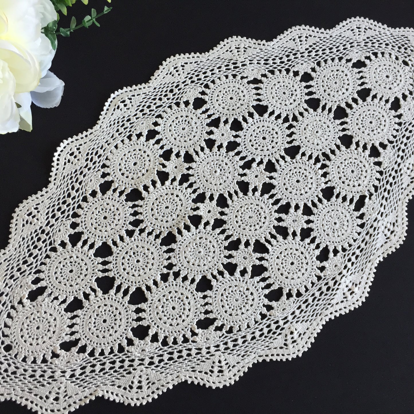 Large Oblong Off-White Cotton Crochet Lace Table Centre Doily | Mid-Century Vintage