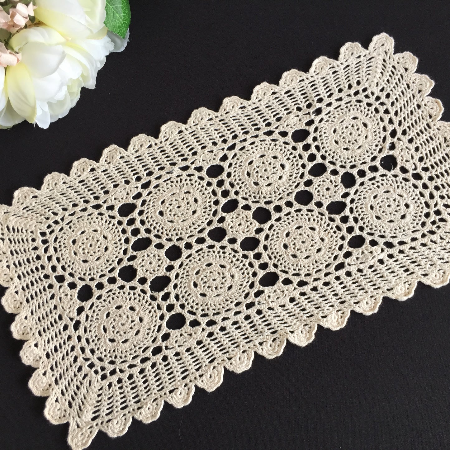 Soft Beige Cotton Crochet Lace Table Centre Doily | Mid-Century Vintage