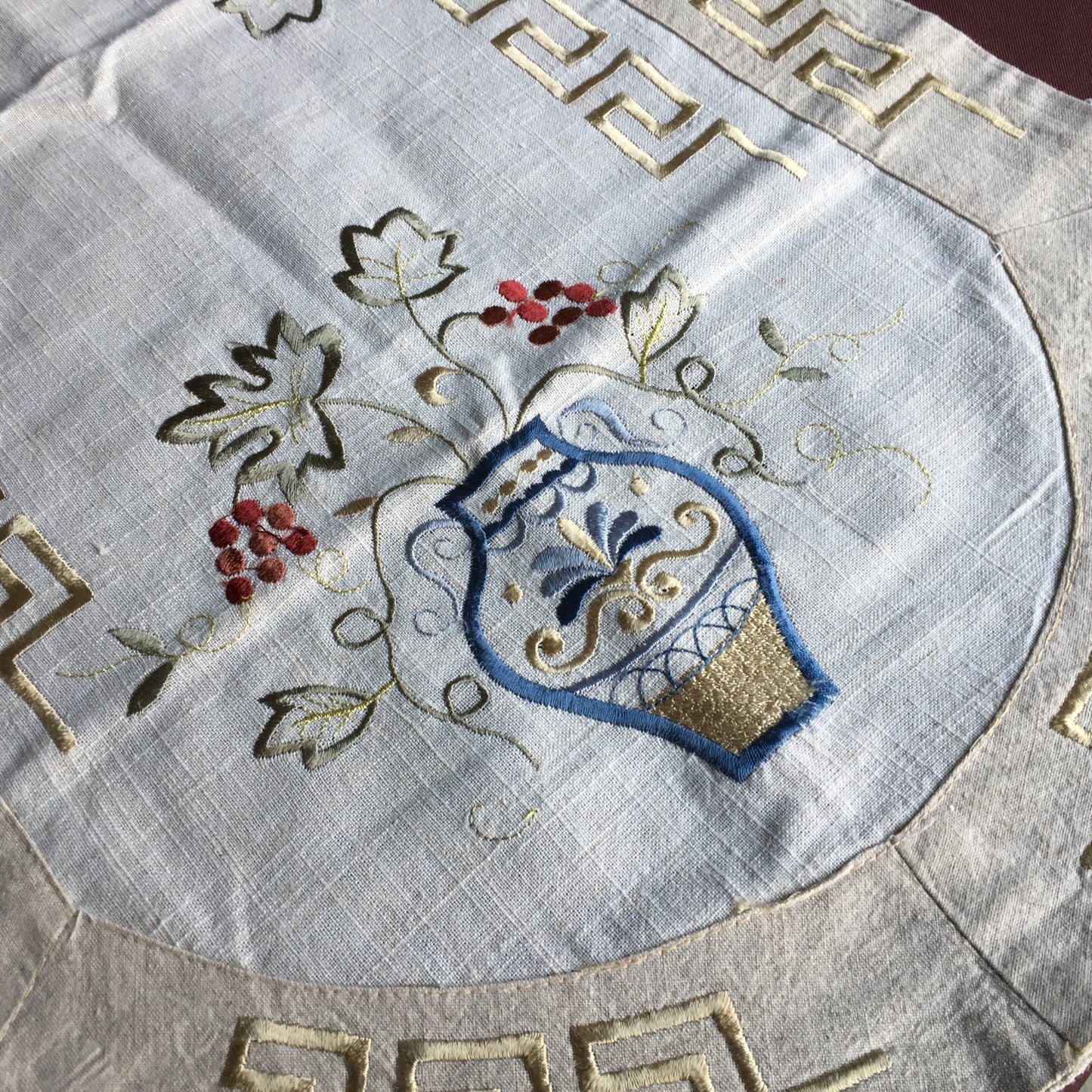 Vintage Greek Themed Embroidered Linen Table Runner