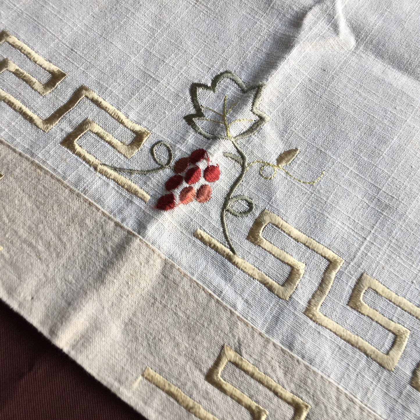 Vintage Greek Themed Embroidered Linen Table Runner