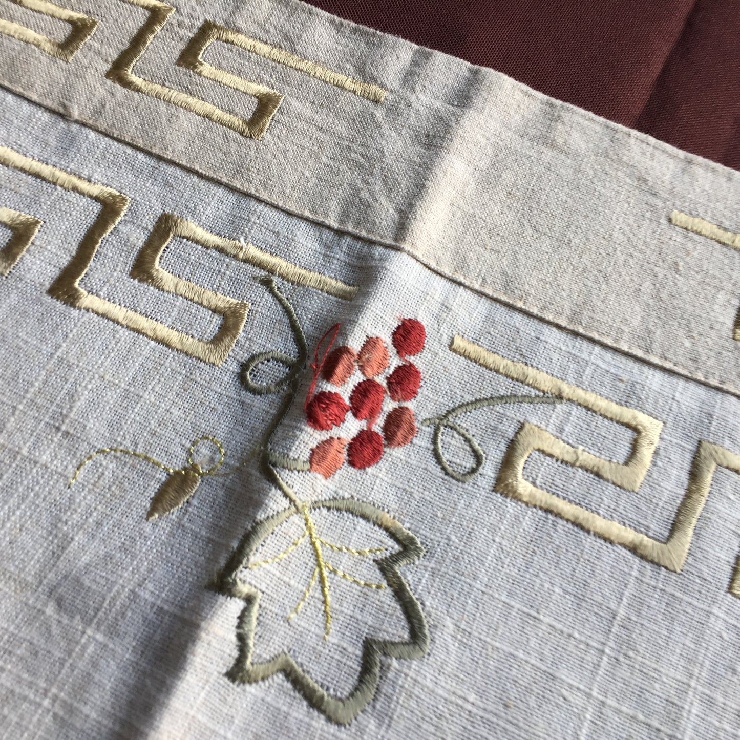 Vintage Greek Themed Embroidered Linen Table Runner