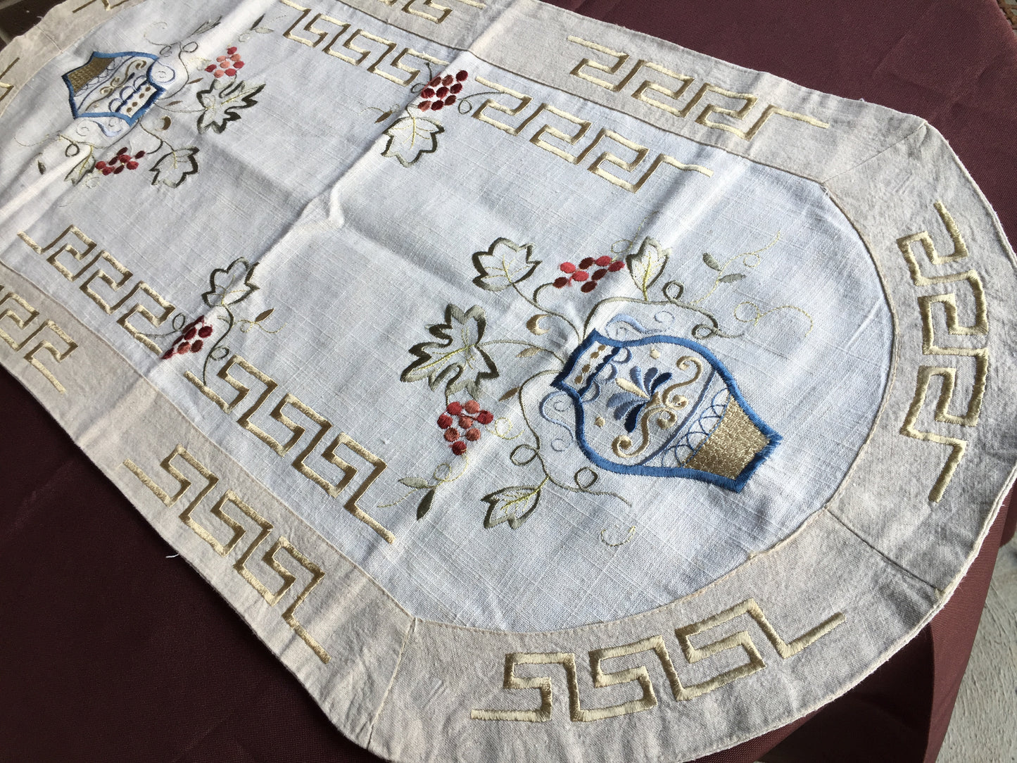 Vintage Greek Themed Embroidered Linen Table Runner