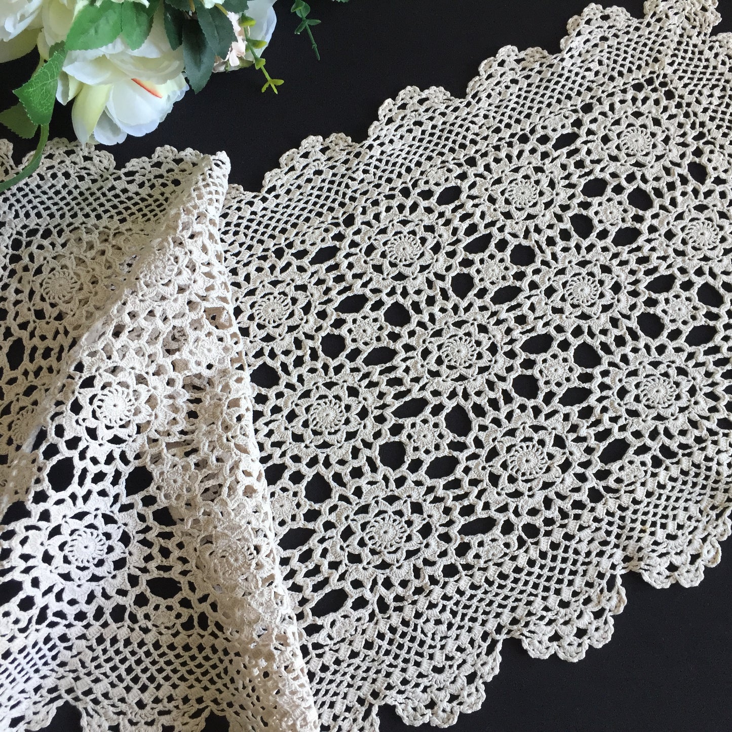 Ecru Cotton Crochet Lace Table Runner | Handmade Mid-Century Vintage
