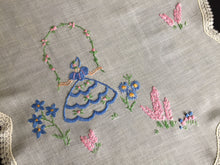 Load image into Gallery viewer, Vintage Embroidered Sheer Muslin Doily: Crinoline Lady / Garden Flowers