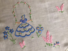 Load image into Gallery viewer, Vintage Embroidered Sheer Muslin Doily: Crinoline Lady / Garden Flowers