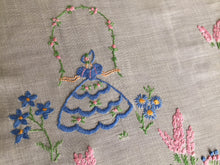 Load image into Gallery viewer, Vintage Embroidered Sheer Muslin Doily: Crinoline Lady / Garden Flowers