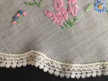 Load image into Gallery viewer, Vintage Embroidered Sheer Muslin Doily: Crinoline Lady / Garden Flowers