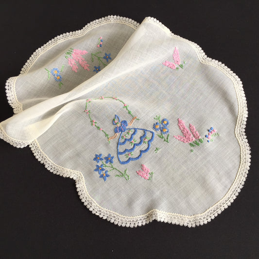 Vintage Embroidered Sheer Muslin Doily: Crinoline Lady / Garden Flowers