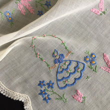 Load image into Gallery viewer, Vintage Embroidered Sheer Muslin Doily: Crinoline Lady / Garden Flowers