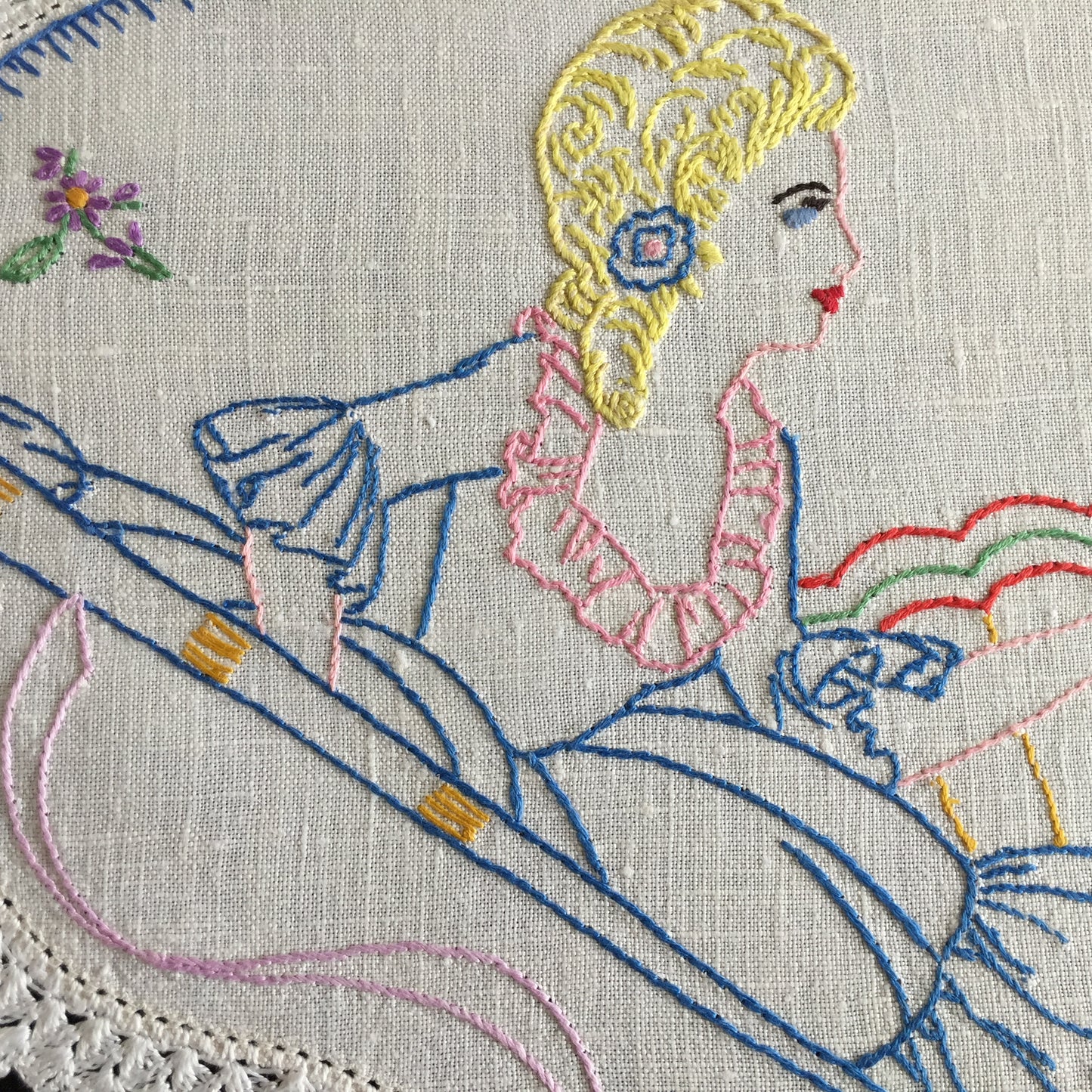 Australian Vintage Large Hand Embroidered Linen Doily