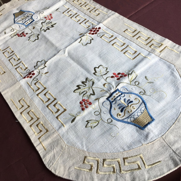 Vintage Greek Themed Embroidered Linen Table Runner