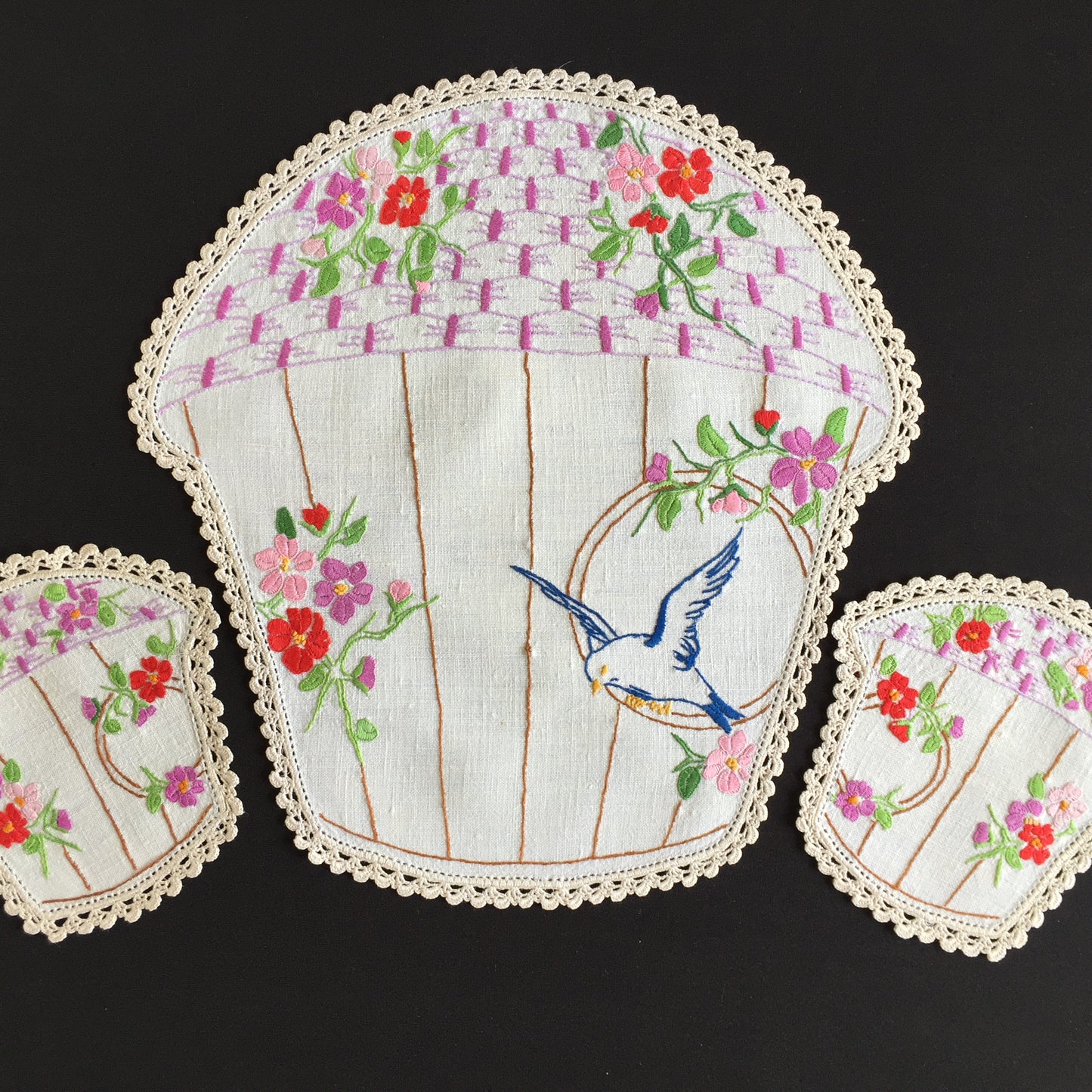Australian Vintage Hand Embroidered Duchess | Dressing Table Doily Set of 3