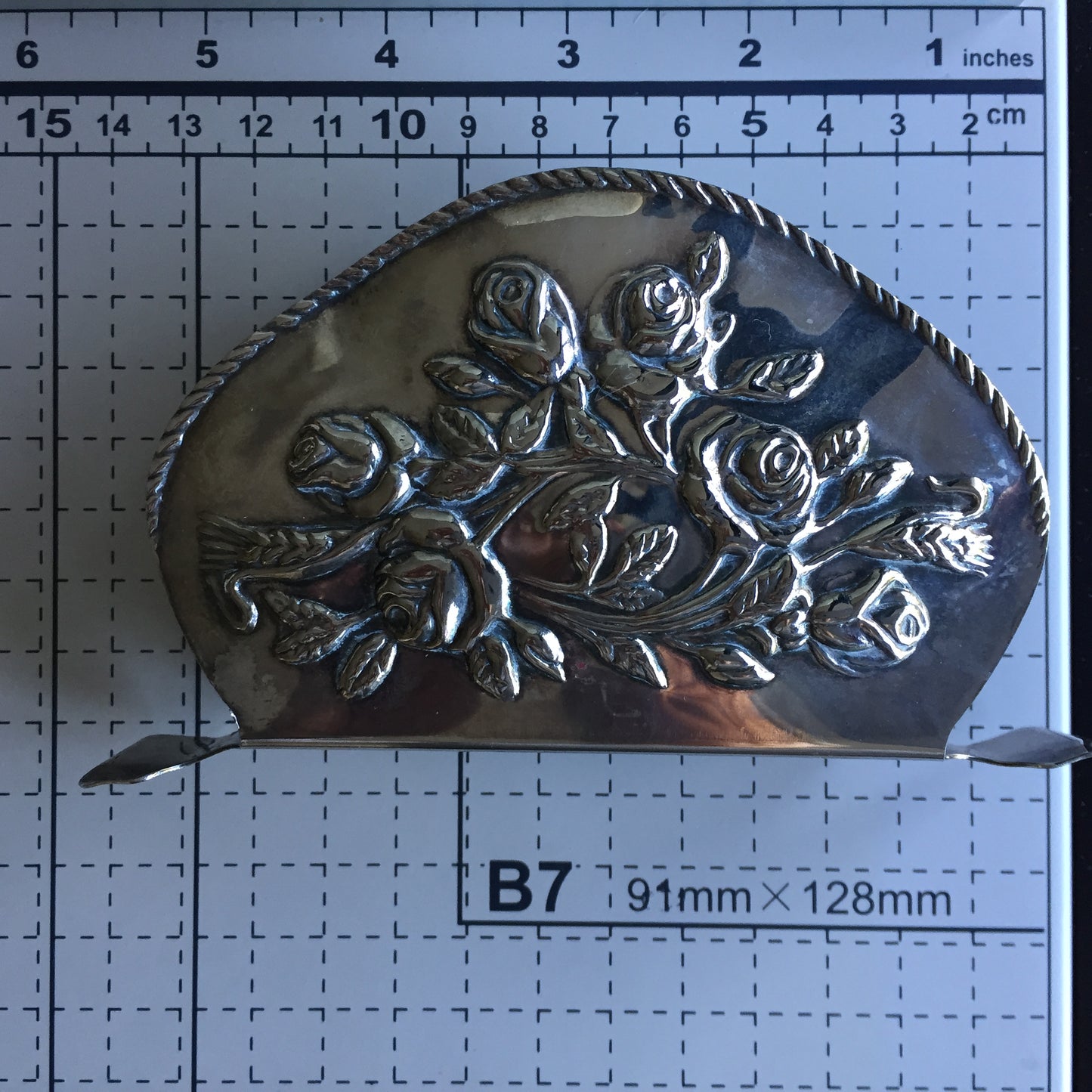 Vintage Silglass E.P. Steel Napkin Letter Holder Silver Roses Pattern