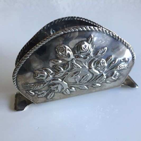 Vintage Silglass E.P. Steel Napkin Letter Holder Silver Roses Pattern