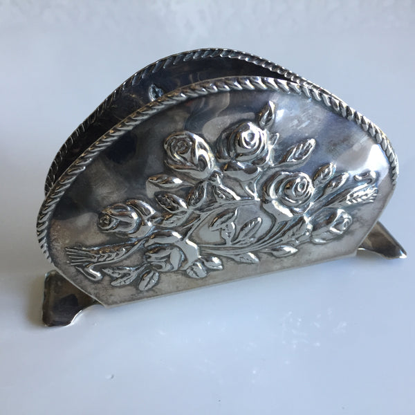 Vintage Silglass E.P. Steel Napkin Letter Holder Silver Roses Pattern